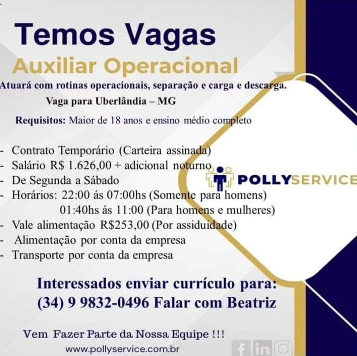 Emprego Uberlândia Auxiliar Operacional