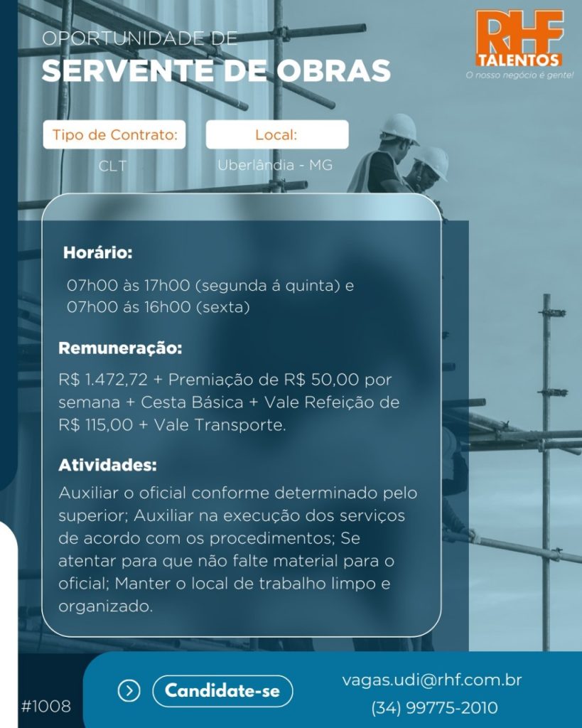Emprego Uberlândia Servente de obras