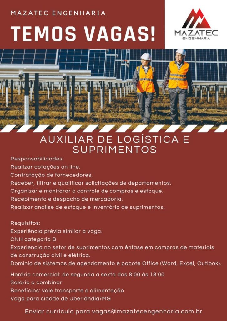 Emprego em Uberlândia Auxiliar de logística e suprimentos